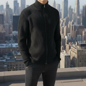 Express Men's Ribbed Black Zip-Up Sweater Size Large